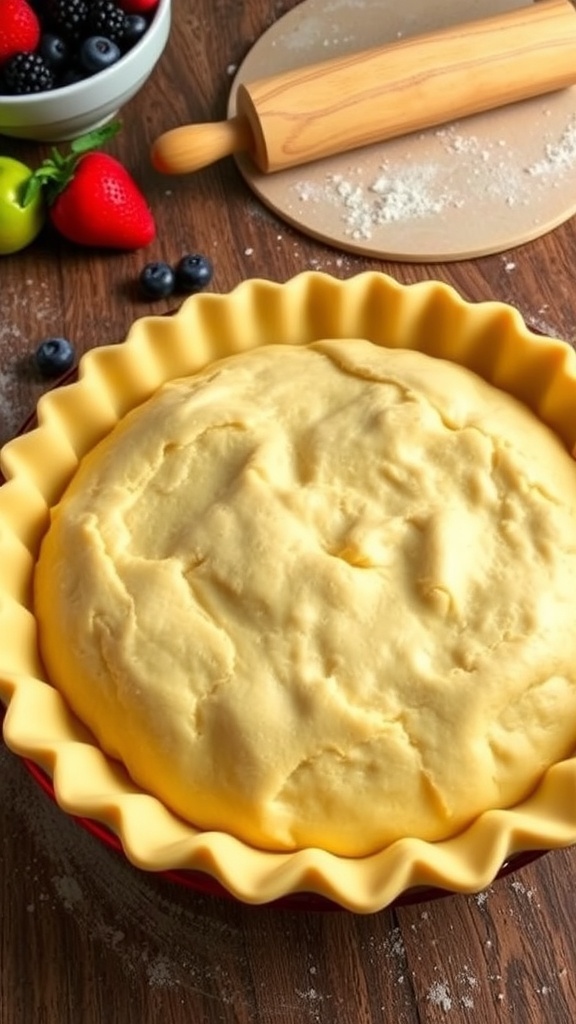 A golden brown pie crust in a dish, surrounded by fresh fruits and a rolling pin.